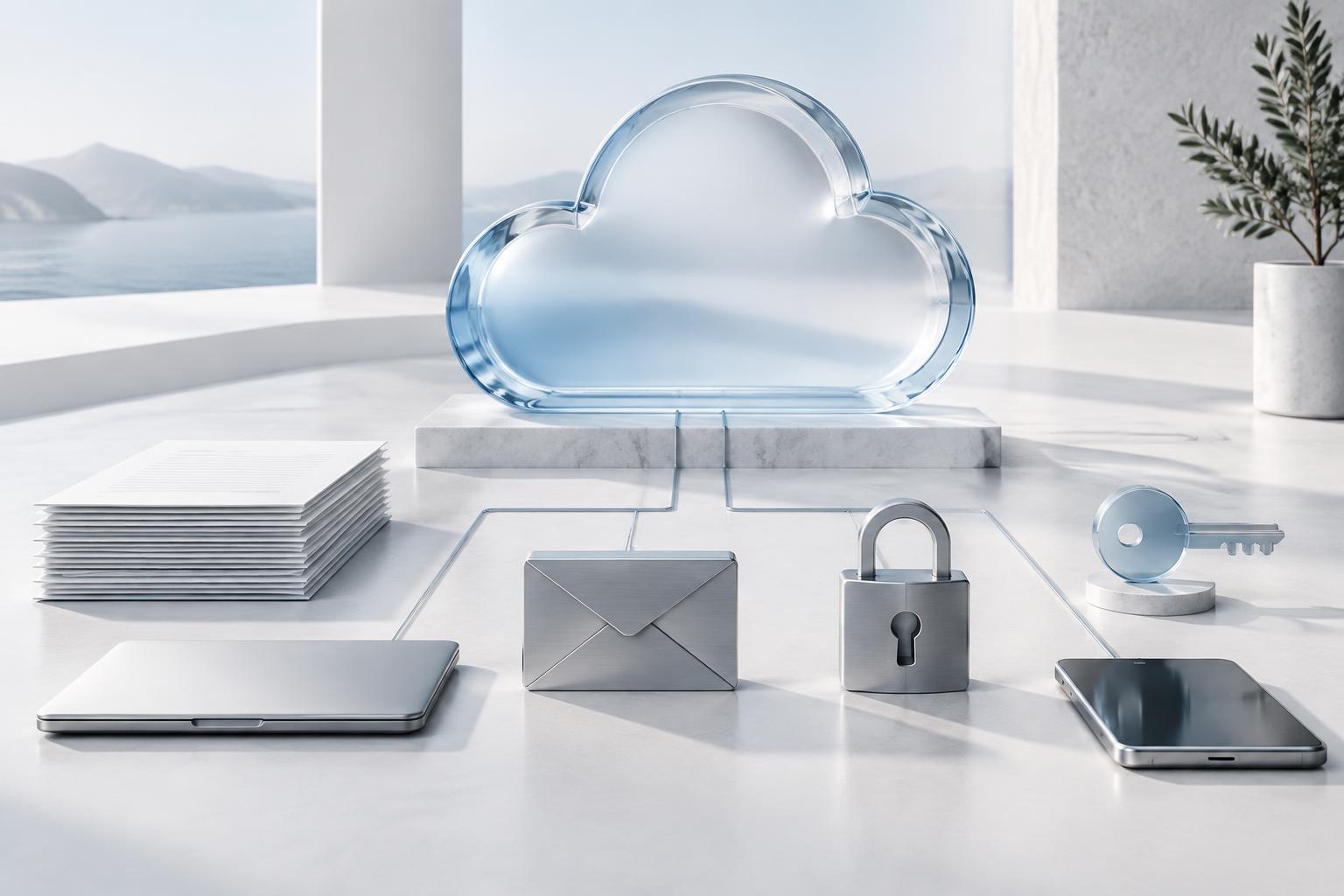 Sculptural cloud, documents, email and security elements connected across a clean business workspace