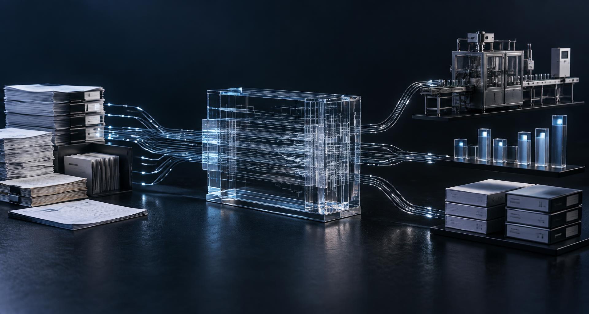 Documents and data pass through a processing layer into manufacturing operations, sales insight and organised business records